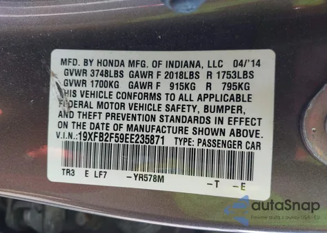 2014 Honda Civic Lx z USA, uszkodzony, nr VIN 19XFB2F59EE235871